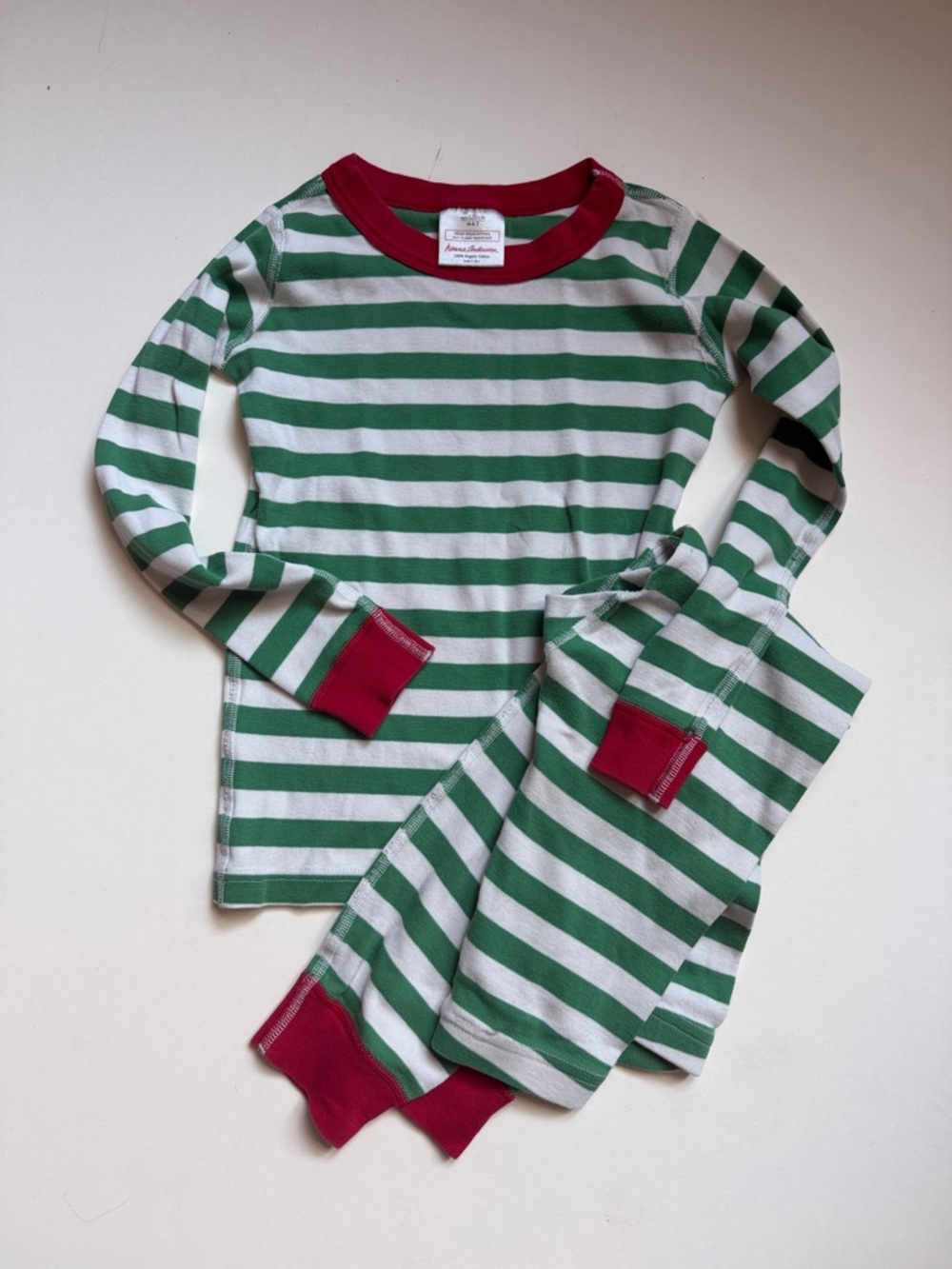 Hanna Andersson Green & White Striped Pajama Set with Red Trim
